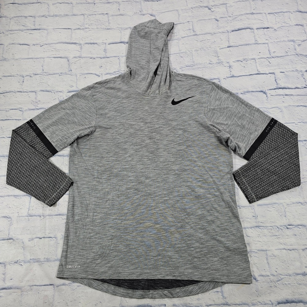 Nike Hoodie MENS L Grey Dri-FIT Athletic Cut Binary Graphic 907622-063 Training